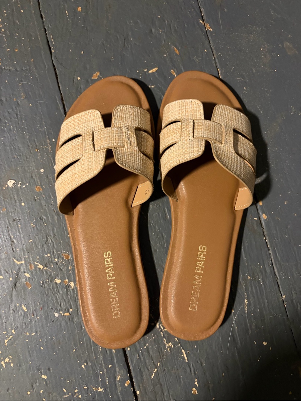 Dream Pairs Women's Brown Slide Sandals with Woven Beige Strap